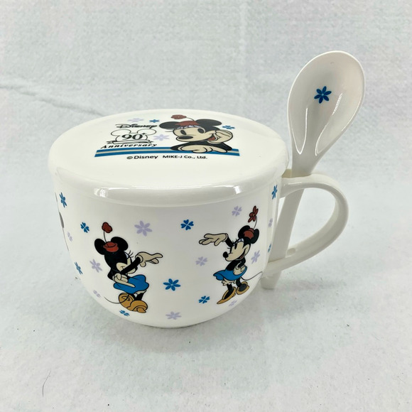 Disney 90th Anniversary Ceramic Soup Mug w/Lid & Spoon Mike-J Co Minnie Mouse - Picture 2 of 8